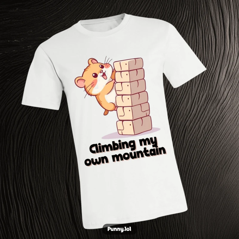 Funny hamster t-shirt depicting a small, determined creature making a valiant effort to climb a towering structure.