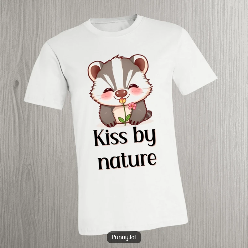 Funny t-shirt with a grinning badger blowing a kiss that beautifully transforms into a small flower, ideal for romantic humor.
