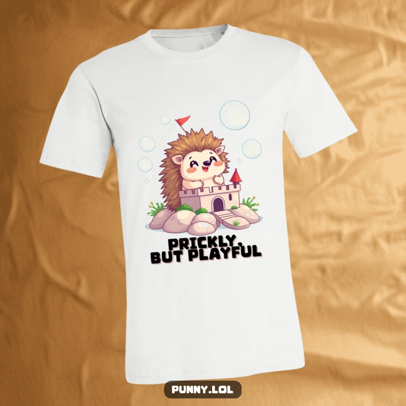 Funny t-shirt depicting a happy hedgehog creating a castle from numerous floating bubbles, perfect for playful personalities.