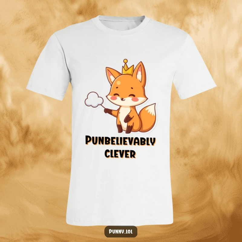 Funny fox t-shirt wearing a tiny crown, pointing to a cloud shaped like a pun, a witty and regal design.