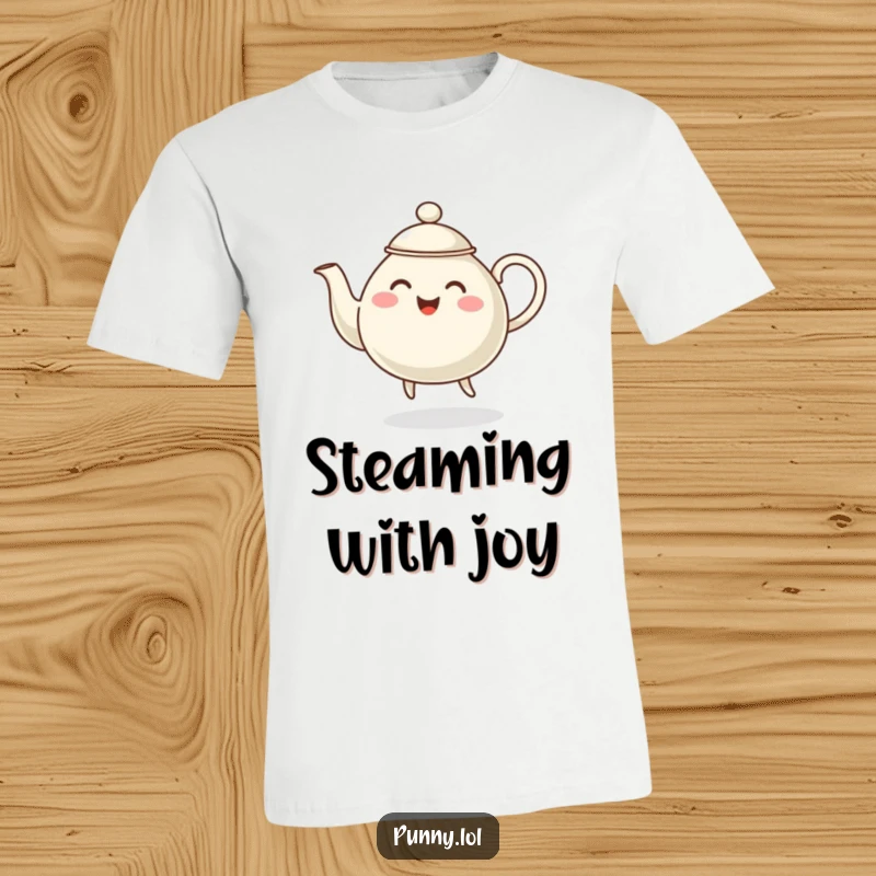 Funny graphic tee featuring a joyful, steaming teapot character energetically dancing and spreading positive vibes.