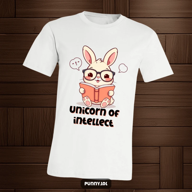 Funny t-shirt showcasing a cheerful rabbit with glasses, reading a book filled with humorous word bubbles, perfect for book lovers.