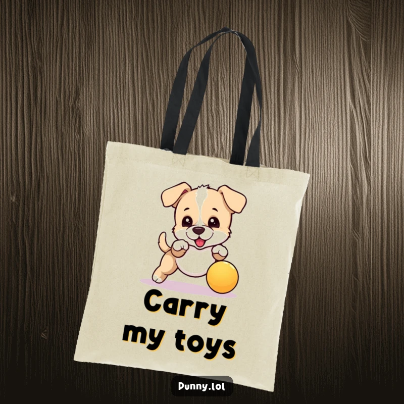 Funny tote bag illustration of an excited puppy leaping for a bouncing ball, a whimsical and practical accessory.
