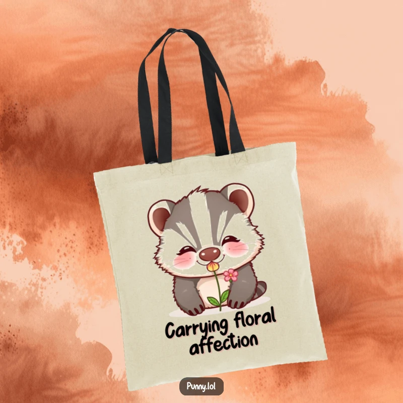 Funny tote bag with a grinning badger blowing a kiss that transforms into a delicate flower, ideal for carrying daily items.