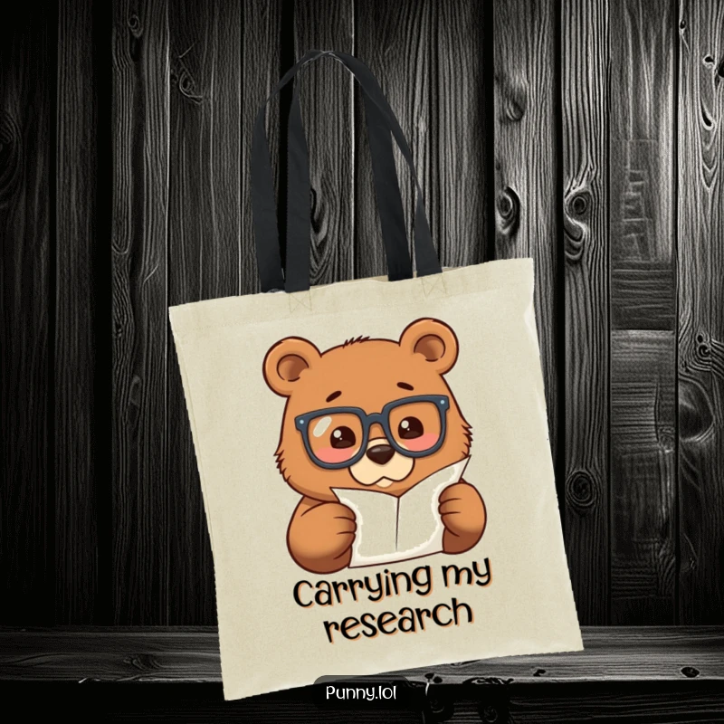 Funny tote bag with a bear wearing big glasses, peering intently at a tiny paper, ready to carry your essentials.
