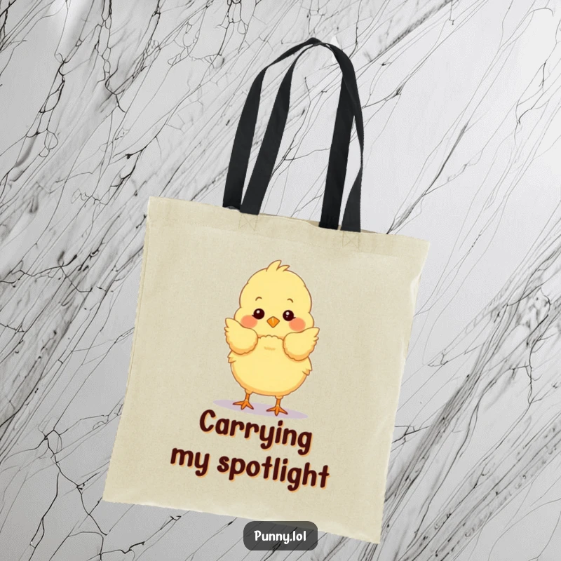 Funny chick tote bag illustrating a fluffy bird performing a dramatic stage bow, a humorous and functional accessory.