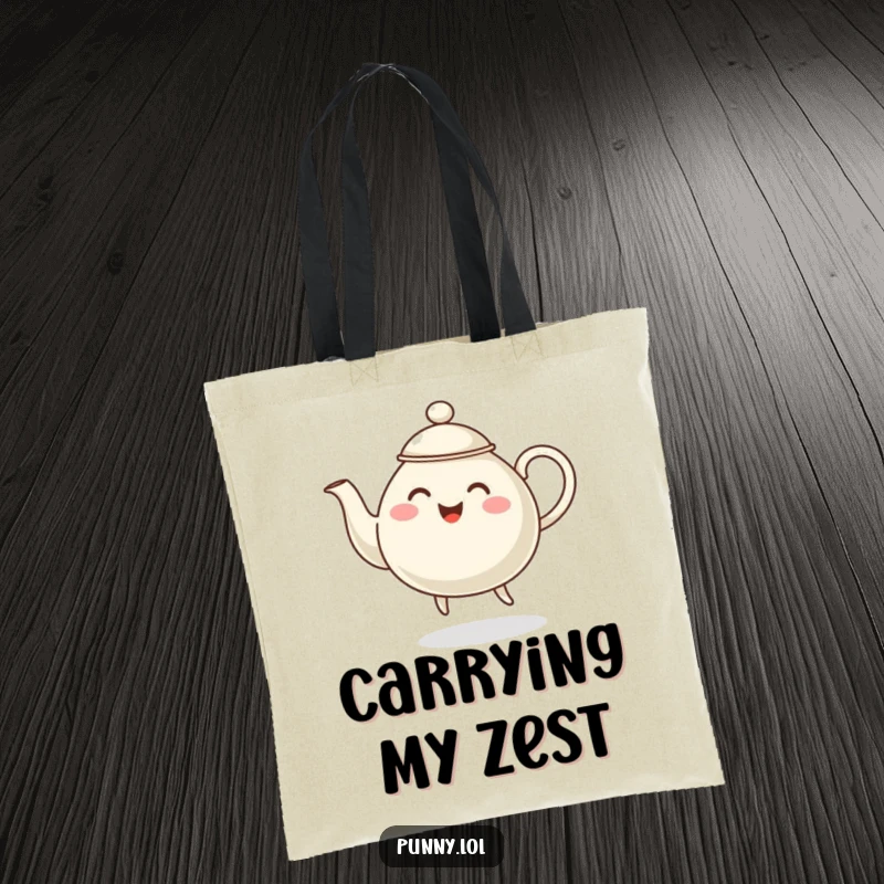 Funny and spacious tote bag adorned with a cheerful, steaming teapot character joyfully dancing during its daily travels.