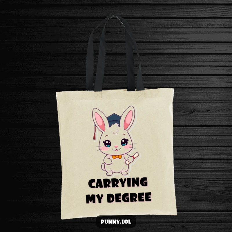 Funny graduation tote bag showcasing a happy rabbit in a graduation cap, proudly holding a diploma, perfect for carrying essentials.