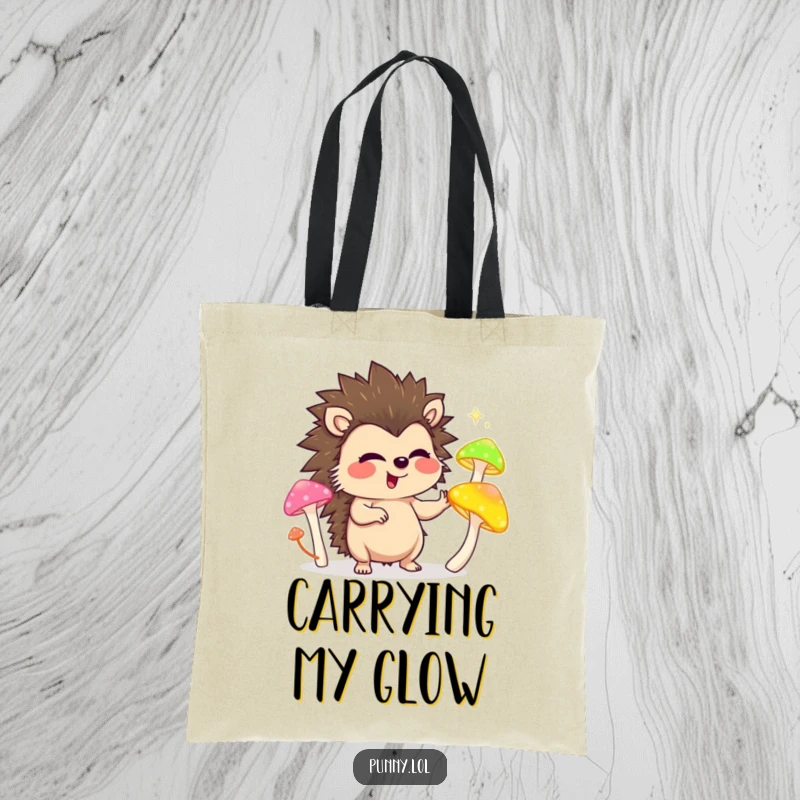 Funny tote bag with a giggling hedgehog character juggling luminescent mushrooms, perfect for stylish, humorous errands.